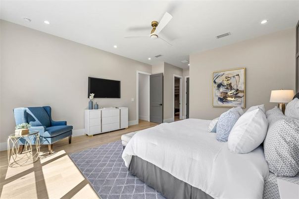 Bedroom, Interior, Recessed Lighting, Wood Texture Flooring