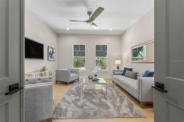 Interior, Living room, Recessed Lighting, Wood Texture Flooring