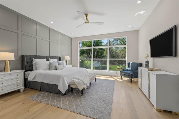 Bedroom, Interior, Recessed Lighting, Wood Texture Flooring