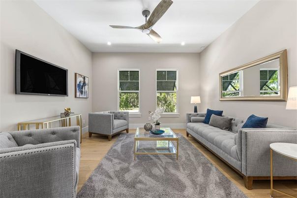 Interior, Living room, Recessed Lighting, Wood Texture Flooring