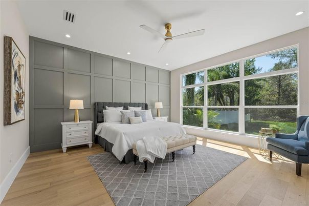 Bedroom, Interior, Recessed Lighting, Wood Texture Flooring