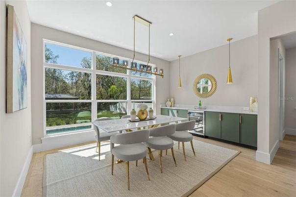 Dining room, Interior, Pendant Lights, Recessed Lighting, Wood Texture Flooring