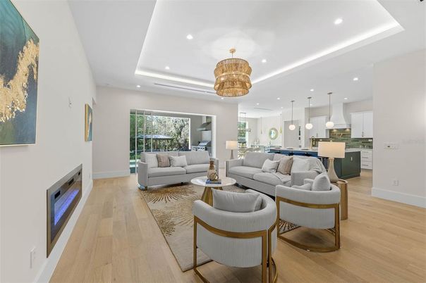 Chandelier, Interior, Kitchen, Living room, Pendant Lights, Recessed Lighting, Wood Texture Flooring
