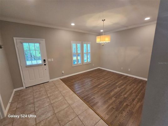 Empty room, Interior, Pendant Lights, Recessed Lighting, Wood Texture Flooring