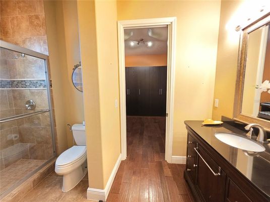 Bathroom, Glass Shower, Interior, Wood Texture Flooring