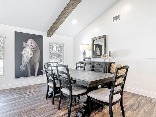 Dining room, Interior, Recessed Lighting, Wooden Beams, Wood Texture Flooring