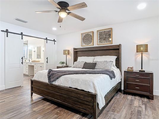 Bedroom, Interior, Recessed Lighting, Wood Texture Flooring