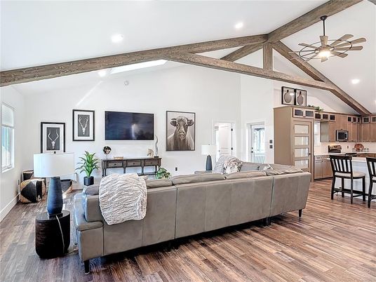 Interior, Kitchen, Living room, Recessed Lighting, Wooden Beams, Wood Texture Flooring
