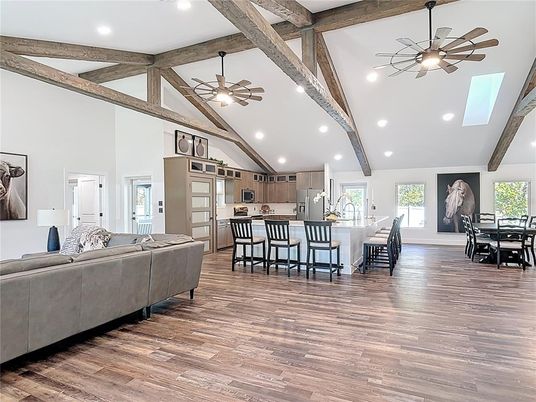 Dining room, Interior, Kitchen, Living room, Recessed Lighting, Wooden Beams, Wood Texture Flooring