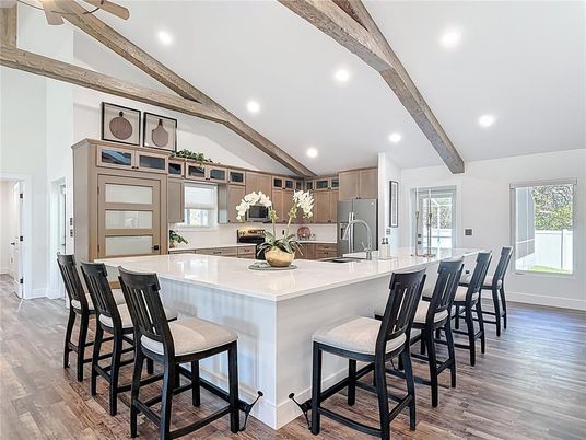 Interior, Kitchen, Recessed Lighting, Stainless Steel Appliances, Wooden Beams, Wood Texture Flooring