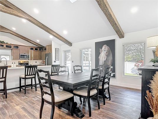 Dining room, Interior, Kitchen, Recessed Lighting, Stainless Steel Appliances, Wooden Beams, Wood Texture Flooring