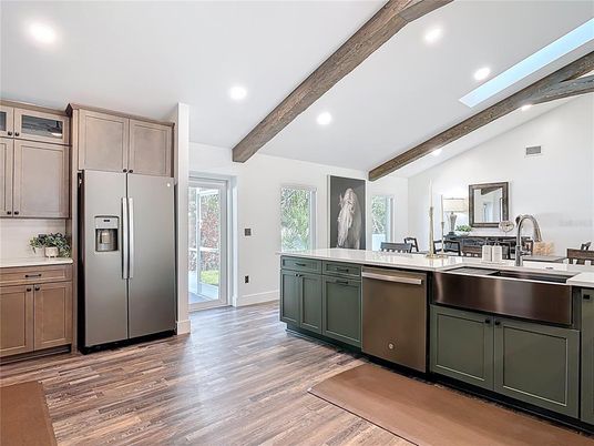 Interior, Kitchen, Recessed Lighting, Stainless Steel Appliances, Wooden Beams, Wood Texture Flooring