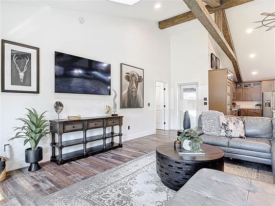 Interior, Kitchen, Living room, Recessed Lighting, Stainless Steel Appliances, Wooden Beams, Wood Texture Flooring
