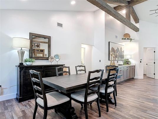Dining room, Interior, Recessed Lighting, Wooden Beams, Wood Texture Flooring
