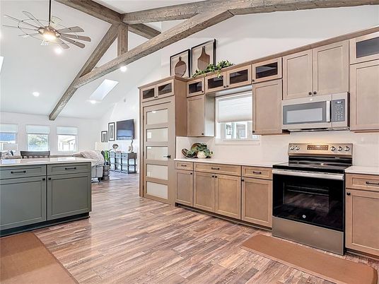 Interior, Kitchen, Recessed Lighting, Stainless Steel Appliances, Wooden Beams, Wood Texture Flooring