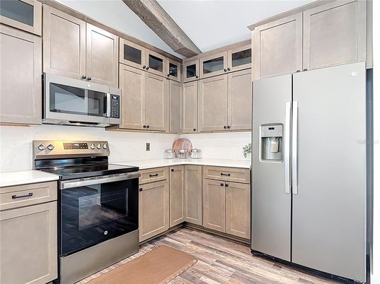 Interior, Kitchen, Stainless Steel Appliances, Wooden Beams, Wood Texture Flooring