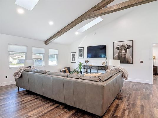 Interior, Living room, Recessed Lighting, Wooden Beams, Wood Texture Flooring