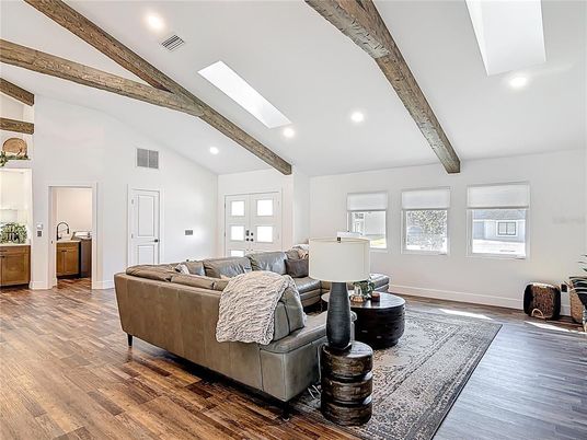 Interior, Living room, Recessed Lighting, Wooden Beams, Wood Texture Flooring