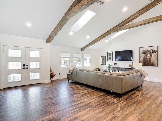 Interior, Living room, Recessed Lighting, Wooden Beams, Wood Texture Flooring