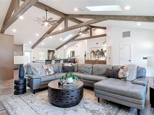 Interior, Living room, Recessed Lighting, Wooden Beams, Wood Texture Flooring