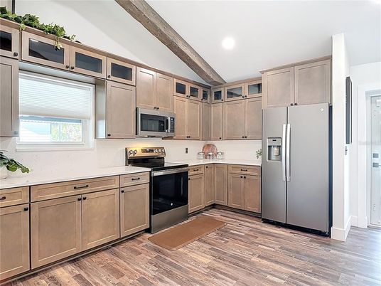 Interior, Kitchen, Recessed Lighting, Stainless Steel Appliances, Wooden Beams, Wood Texture Flooring