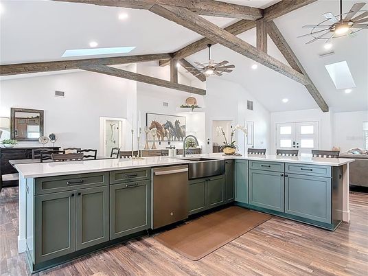 Interior, Kitchen, Recessed Lighting, Wooden Beams, Wood Texture Flooring