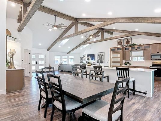 Dining room, Interior, Kitchen, Living room, Recessed Lighting, Wooden Beams, Wood Texture Flooring