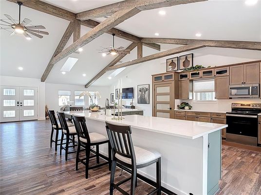 Interior, Kitchen, Pendant Lights, Recessed Lighting, Stainless Steel Appliances, Wooden Beams, Wood Texture Flooring
