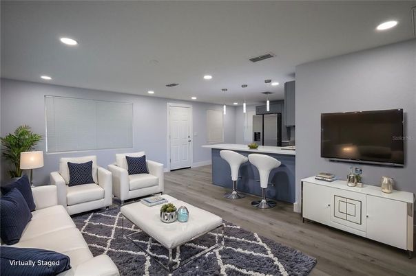 Interior, Kitchen, Living room, Pendant Lights, Recessed Lighting, Wood Texture Flooring