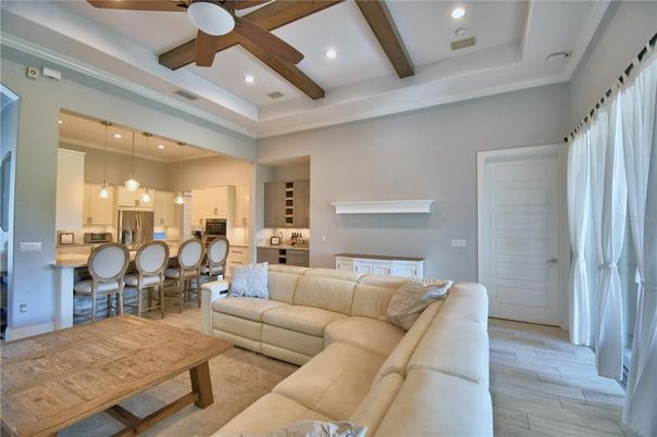 Interior, Kitchen, Living room, Pendant Lights, Recessed Lighting, Wooden Beams, Wood Texture Flooring