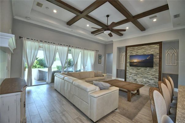 Interior, Living room, Recessed Lighting, Stone Walls, Wooden Beams, Wood Texture Flooring