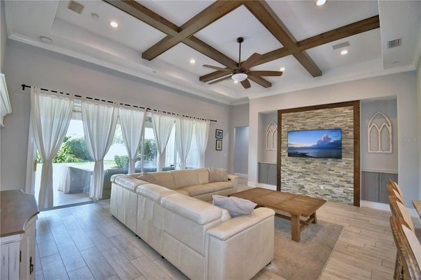 Interior, Living room, Recessed Lighting, Stone Walls, Wooden Beams, Wood Texture Flooring