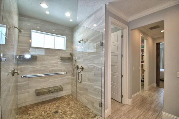 Bathroom, Glass Shower, Interior, Recessed Lighting, Wood Texture Flooring