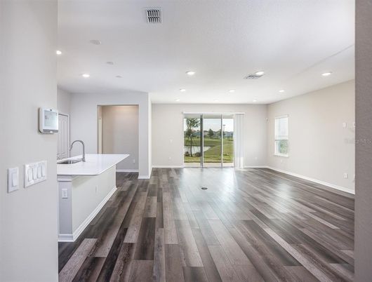 Empty room, Interior, Kitchen, Recessed Lighting, Wood Texture Flooring