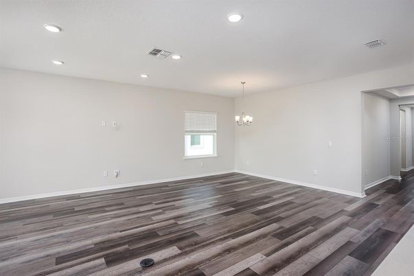 Chandelier, Empty room, Interior, Recessed Lighting, Wood Texture Flooring