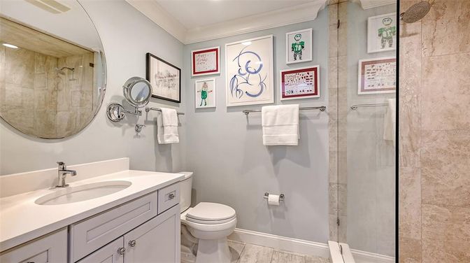 Bathroom, Glass Shower, Interior, Wood Texture Flooring