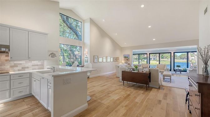 Dining room, Interior, Kitchen, Living room, Recessed Lighting, Wood Texture Flooring
