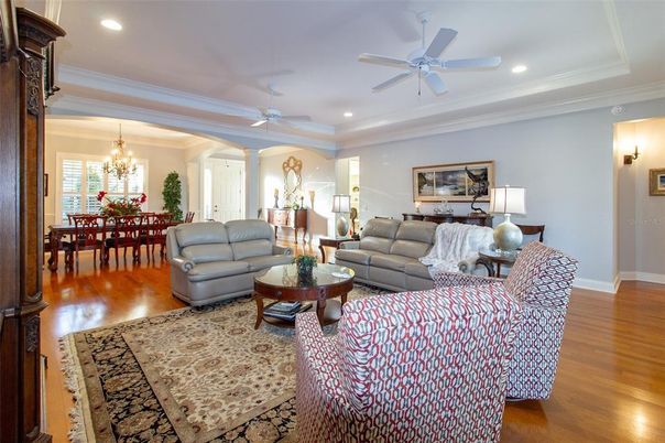 Chandelier, Dining room, Interior, Living room, Recessed Lighting, Wood Texture Flooring