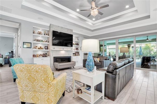 Fireplace, Interior, Living room, Recessed Lighting, Wood Texture Flooring