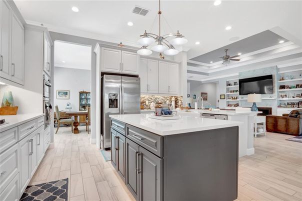 Interior, Kitchen, Pendant Lights, Recessed Lighting, Stainless Steel Appliances, Wood Texture Flooring