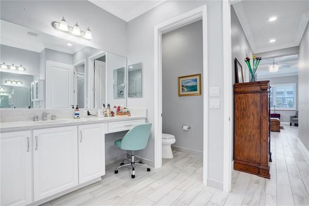 Bathroom, Interior, Recessed Lighting, Wood Texture Flooring