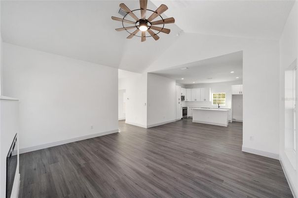 Empty room, Interior, Kitchen, Recessed Lighting, Wood Texture Flooring