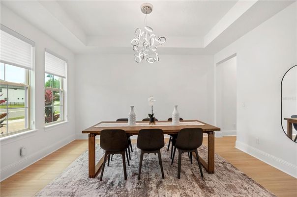 Dining room, Interior, Pendant Lights, Wood Texture Flooring