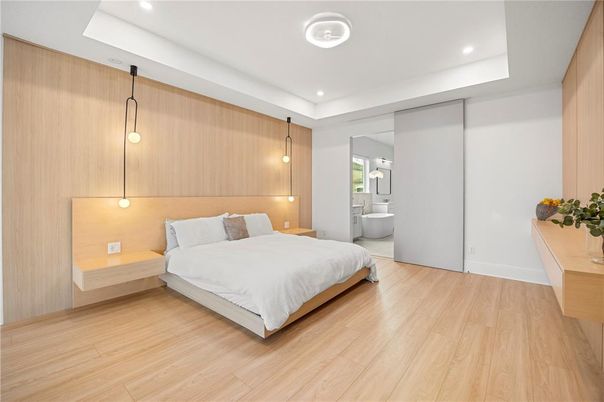 Bedroom, Interior, Pendant Lights, Recessed Lighting, Wood Texture Flooring, Wooden Walls