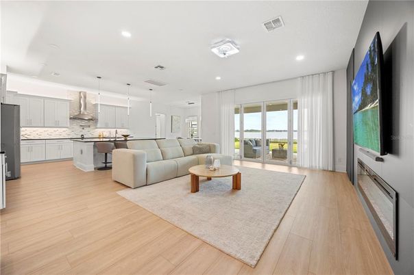 Interior, Kitchen, Living room, Pendant Lights, Recessed Lighting, Wood Texture Flooring