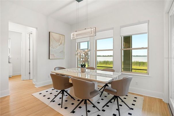 Dining room, Interior, Pendant Lights, Wood Texture Flooring