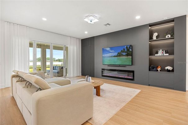 Fireplace, Interior, Living room, Recessed Lighting, Wood Texture Flooring