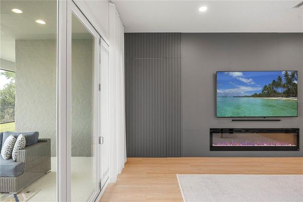 Fireplace, Interior, Recessed Lighting, Wood Texture Flooring