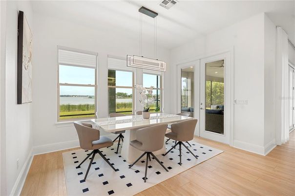 Dining room, Interior, Pendant Lights, Water, Wood Texture Flooring