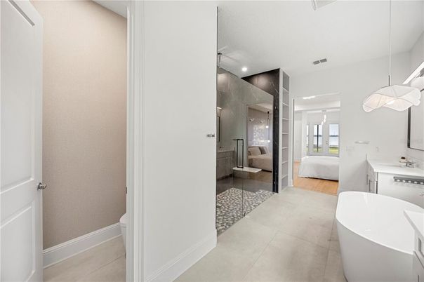 Bathroom, Dual Sink Vanities, Free Standing Baths, Interior, Pendant Lights, Recessed Lighting